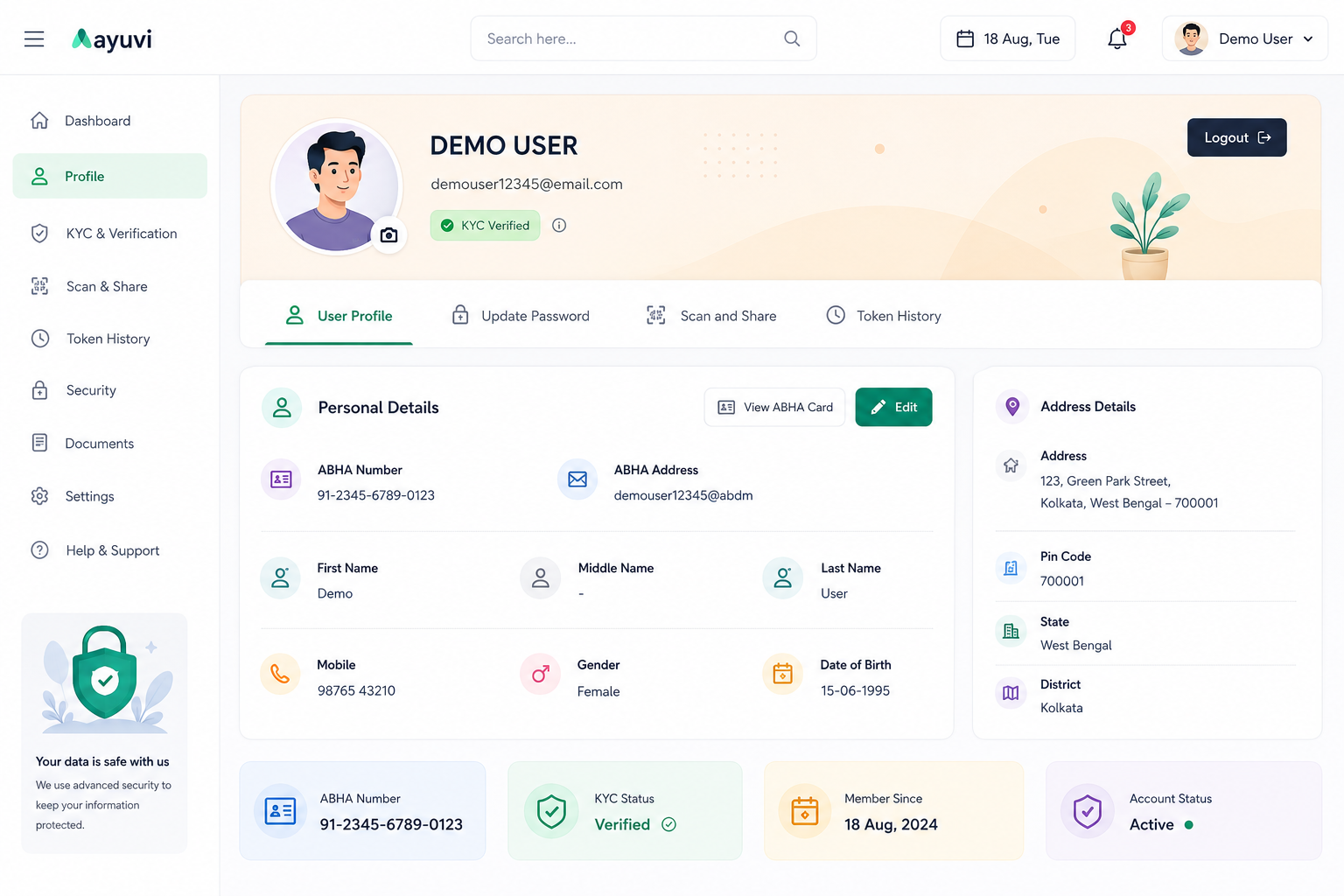Aayuvi app — home screen